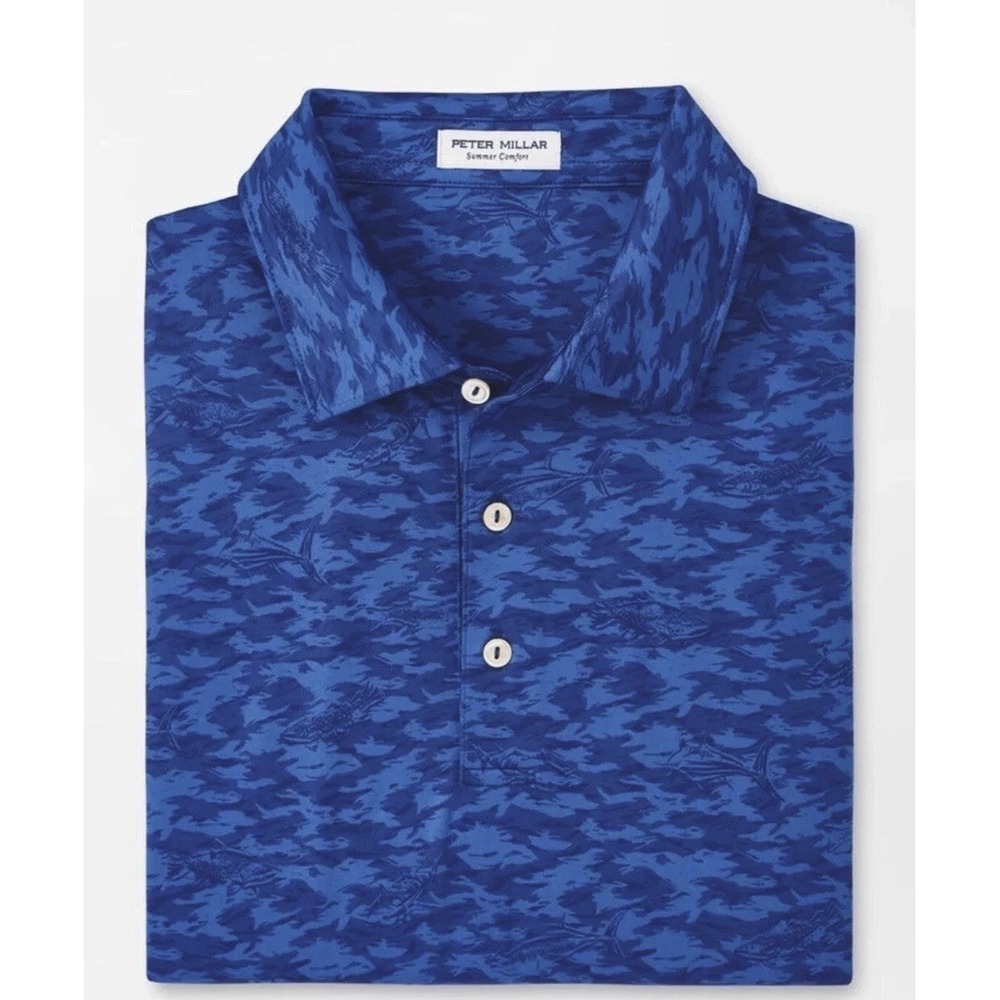 Peter Millar Men's "Summer Comfort" Fish Camo Performance Polo Size Large Blue